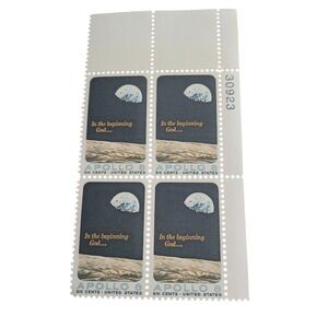 USPS Apollo 8 Stamp Block 4 6c Blue In the Beginning God Plate 30923 New